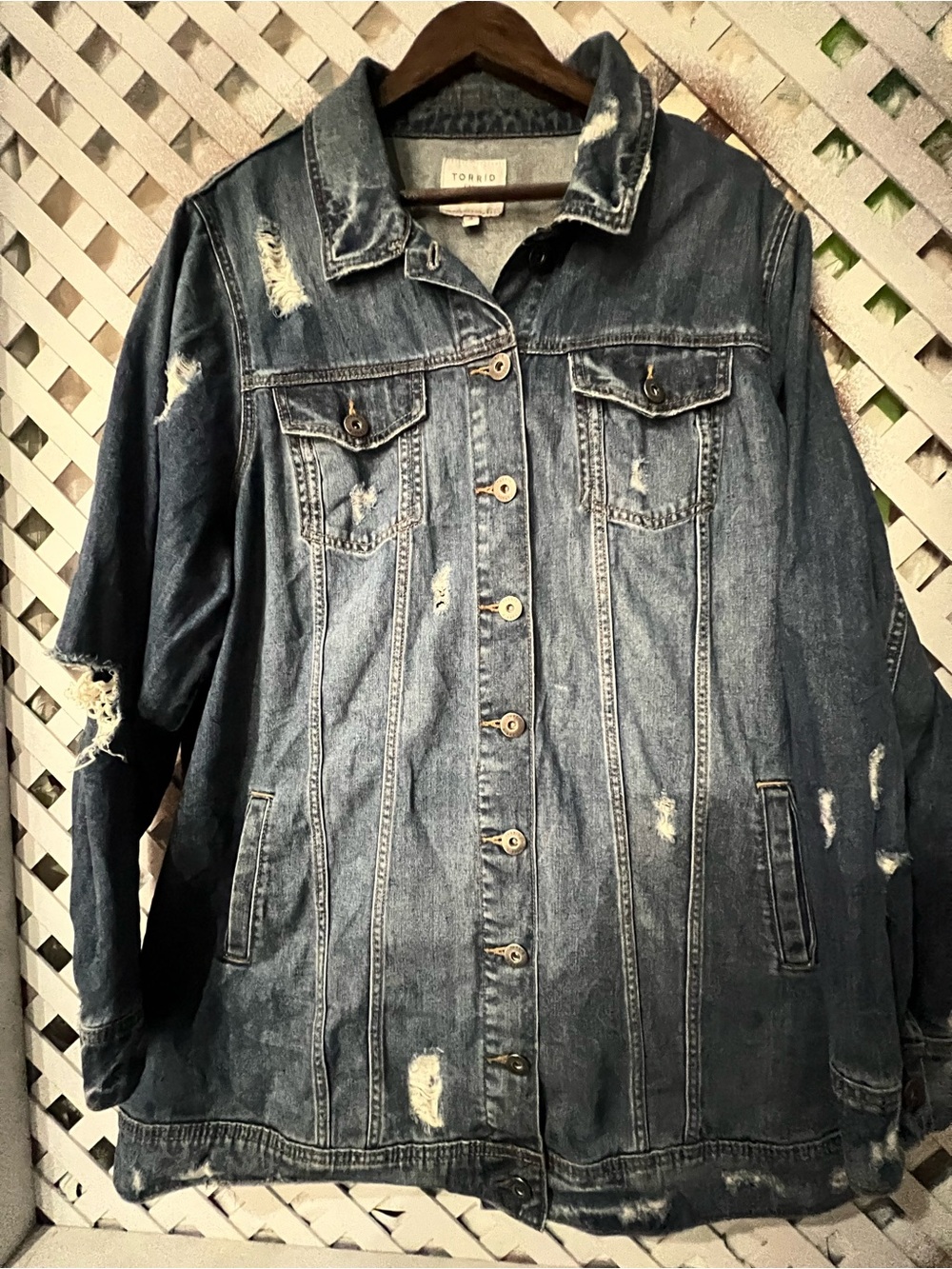 Torrid Denim Long Line Distressedp Dark Blue Denim Jacket size 3X